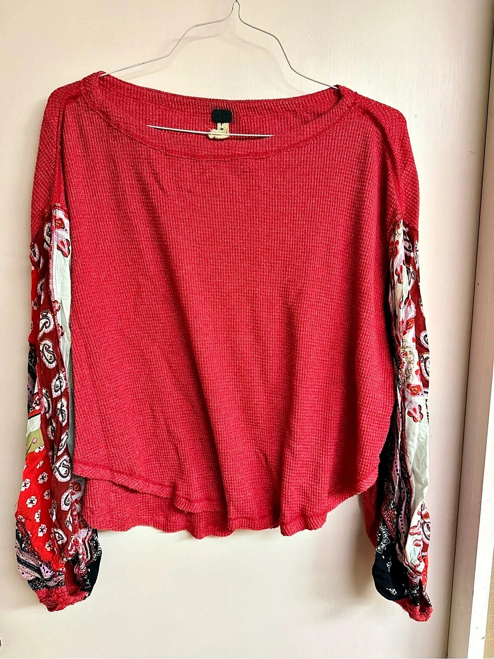 Free People In the Mix Cuff Thermal Top Red & Black